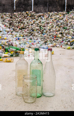 White glass bottles recycling yard Stock Photo