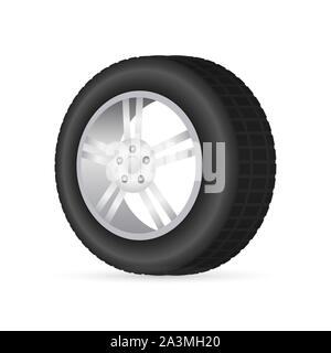 Realistic shining disk car wheel tyre set. Vector illustration. Stock Vector
