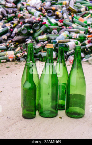 Green glass bottles recycling yard Stock Photo