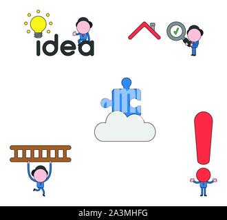 Vector illustration set of businessman mascot character sitting on idea word with glowing light bulb idea, holding magnifying glass and check mark to Stock Vector