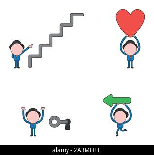 Vector illustration set of businessman mascot character pointing top of stairs, holding up heart, with key unlock keyhole and running and carrying arr Stock Vector