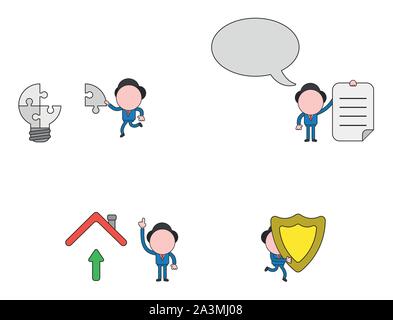 Vector illustration set of businessman mascot character running and carrying missing jigsaw puzzle piece to light bulb puzzle, with speech bubble and Stock Vector
