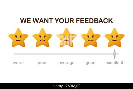 We want your feedback. Badge, stamp with happy and unhappy faces icons. Flat vector illustration on white background Stock Vector