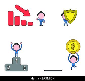 Vector illustration set of businessman mascot character with sales bar graph moving down,  walking and holding guard shield, on first place of winners Stock Vector