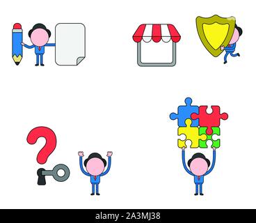 Vector illustration set of businessman mascot character holding pencil and blank paper, carrying guard shield to shop store, unlock question mark keyh Stock Vector