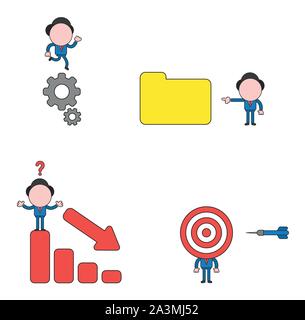 Vector illustration set of businessman mascot character running on gears, with closed file folder, on top of sales bar chart moving down and with bull Stock Vector