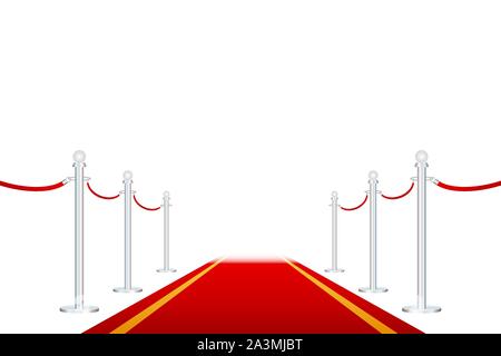 Red carpet with red ropes on golden stanchions. Exclusive event, movie premiere, gala, ceremony, awards concept. Vector illustration. Stock Vector