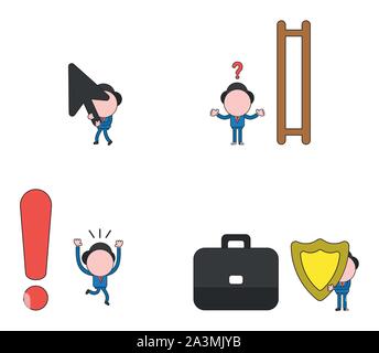 Vector illustration set of businessman mascot character walking and holding mouse cursor arrow, confused about wooden ladder with missin steps, runnin Stock Vector