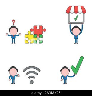 Vector illustration set of businessman mascot character confused about three connected puzzle and missing piece, holding up shop store with check mark Stock Vector