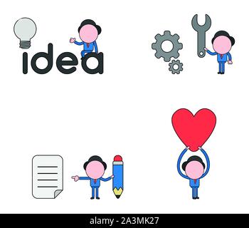 Vector illustration set of businessman mascot character sitting on idea word with grey light bulb bad idea, holding spanner to gears, holding pencil a Stock Vector