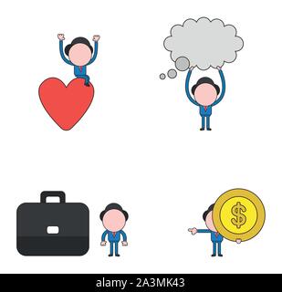 Vector illustration set of businessman mascot character sitting on heart, holding up thought bubble, with briefcase, holding dollar money coin and poi Stock Vector
