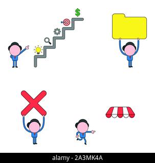 Vector illustration set of businessman mascot character showing top of stairs, ligt bulb, magnifier, gear, bulls eye and dollar, holding up file folde Stock Vector