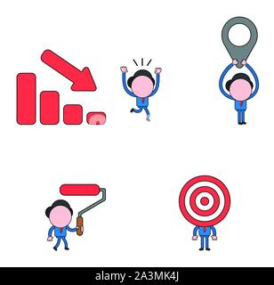 Vector illustration set of businessman mascot character running away from sales bar moving down, holding up map pointer, holding and walking paint rol Stock Vector