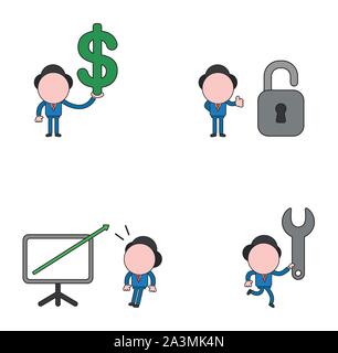 Vector illustration set of businessman mascot character holding dollar, with opened padlock, chart and arrow moving up, holding and running spanner. Stock Vector