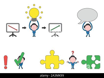 Vector illustration set of businessman mascot character holding up glowing light bulb idea between sales charts down and up, walking and holding speec Stock Vector