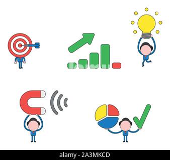 Vector illustration set of businessman mascot character with bulls eye head and dart in the center, carrying light bulb idea to sales bar graph moving Stock Vector