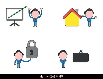 Vector illustration set of businessman mascot character with sales chart arrow moving up, with house, holding closed padlock and, with blank hanging s Stock Vector