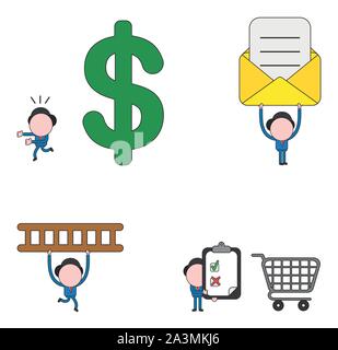 Vector illustration set of businessman mascot character running away from big dollar, holding up envelope with paper, carrying ladder and holding clip Stock Vector