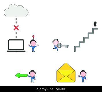 Vector illustration set of businessman mascot character with laptop and cloud, connection problem, carrying key to unlock keyhole at top of stairs, ho Stock Vector