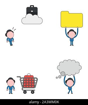 Vector illustration set of businessman mascot character looking briefcase on cloud, holding up closed file folder, with shopping bag inside shopping c Stock Vector