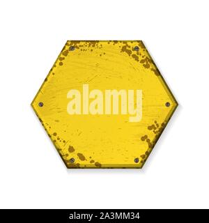 Hexagon form old grunge yellow nameboard isolated on white background Stock Vector