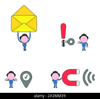 Vector illustration set of businessman mascot character holding up open envelope, unlock exclamation mark keyhole with key, with map pointer and check Stock Vector