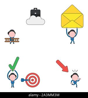 Vector illustration set of businessman mascot character carrying ladder to reach briefcase on cloud, walking and carrying open mail envelope, with bul Stock Vector