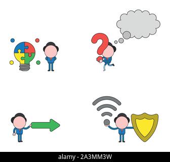 Vector illustration set of businessman mascot character with connected light bulb puzzle, running and holding question mark with thought bubble, holdi Stock Vector