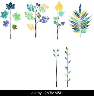 Autumn watercolor leaves imprints isolated on white background vector ...