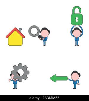 Vector illustration set of businessman mascot character holding magnifying glass to house, holding up opened padlock, holding gear and arrow. Stock Vector