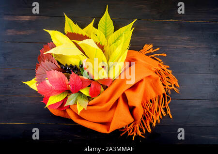autumn abstract still life with black frame, fall dried leaves on dark  background, autumn Happy thanksgiving concept, autumn holiday card design, cop Stock Photo