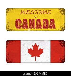 Two grunge boards with Canada flag and welcome text isolated on white background Stock Vector