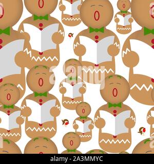 gingerbread man singing christmas carols. Seamless repeat background illustration Stock Vector