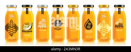 Vector pineapple juice, glass fruit bottle set Stock Vector