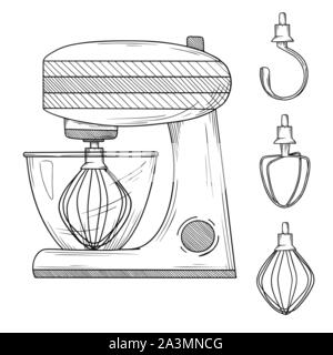 Food processor with different nozzles isolated on white background. Vector illustration in sketch style Stock Vector