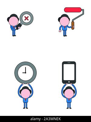 Vector illustration set of businessman mascot character holding magnifying glass with x mark, paint roller brush, holding up clock and smartphone. Stock Vector