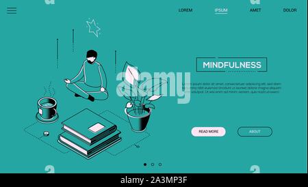 Mindfulness - line design style isometric web banner Stock Vector