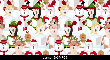 seamless repeat pattern background of santa claus, snowman, elf, gingerbread man, reindeer and fairy singing christmas carols Stock Vector