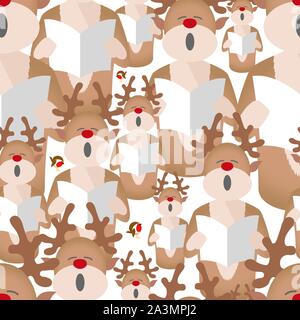 reindeer singing christmas carols. Seamless repeat background illustration Stock Vector