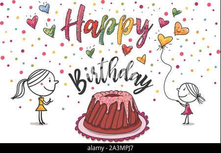 Colourful hand-drawn horizontal birthday card illustration with a birthday cake surrounded by hearts, confetti, colours, a girl and a woman and text " Stock Vector