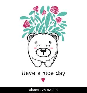 House plant in a pot with a muzzle of the animal. Cute bear face on the pot. Vector illustration Stock Vector