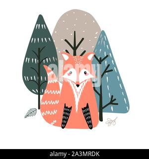 Cute fox on a background of trees. Hand drawn illustration in scandinavian style. Stock Vector