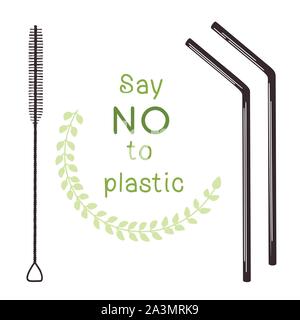 Ecological tubules for drinking. Zero waste. Metal tube for drinking and brush for cleaning. Vector illustration Stock Vector