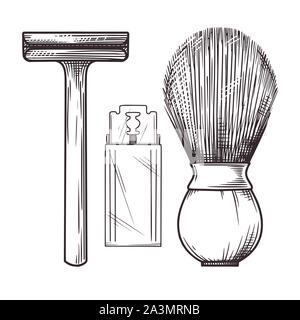 Ecological shaving kit. Zero waste. Metal razor and wooden brush. Vector illustration Stock Vector