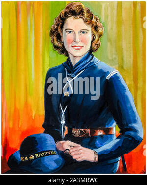 British, WW2, Artwork, HRH Princess Elizabeth, in uniform of the Sea Rangers, portrait painting, 1939-1946 Stock Photo