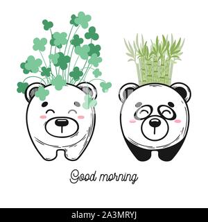 House plant in a pot with a muzzle of the animal. Cute muzzle on the pot. Vector illustration. Bear and panda Stock Vector