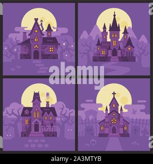 Four Halloween houses. Witch hut, Vampire castle, Haunted house and Graveyard chapel. Spooky Halloween backgrounds Stock Vector