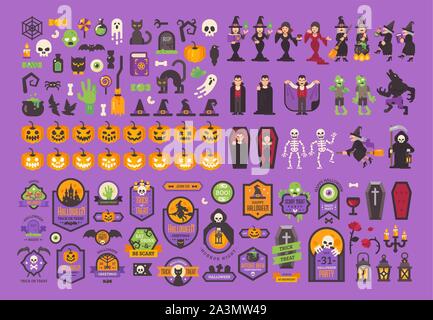 Big set of Halloween elements and characters. Flat Halloween illustration collection Stock Photo