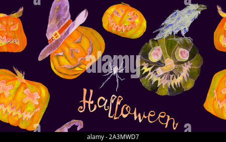 Halloween colorfull pattern design, pumpkin, witch hats, spiders, crow, broom, Hand painted watercolor on black background Stock Photo