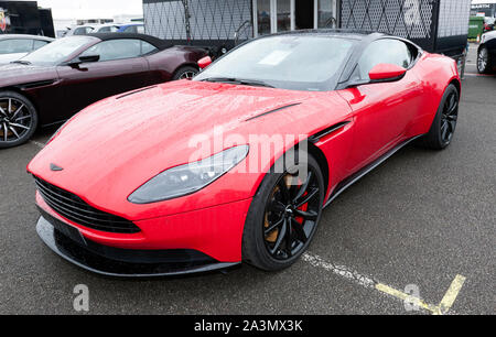 Three-quarters front view of a Red, Aston Martin DB11 Coupe, on Display at the 2019 Silverstone Classic Stock Photo